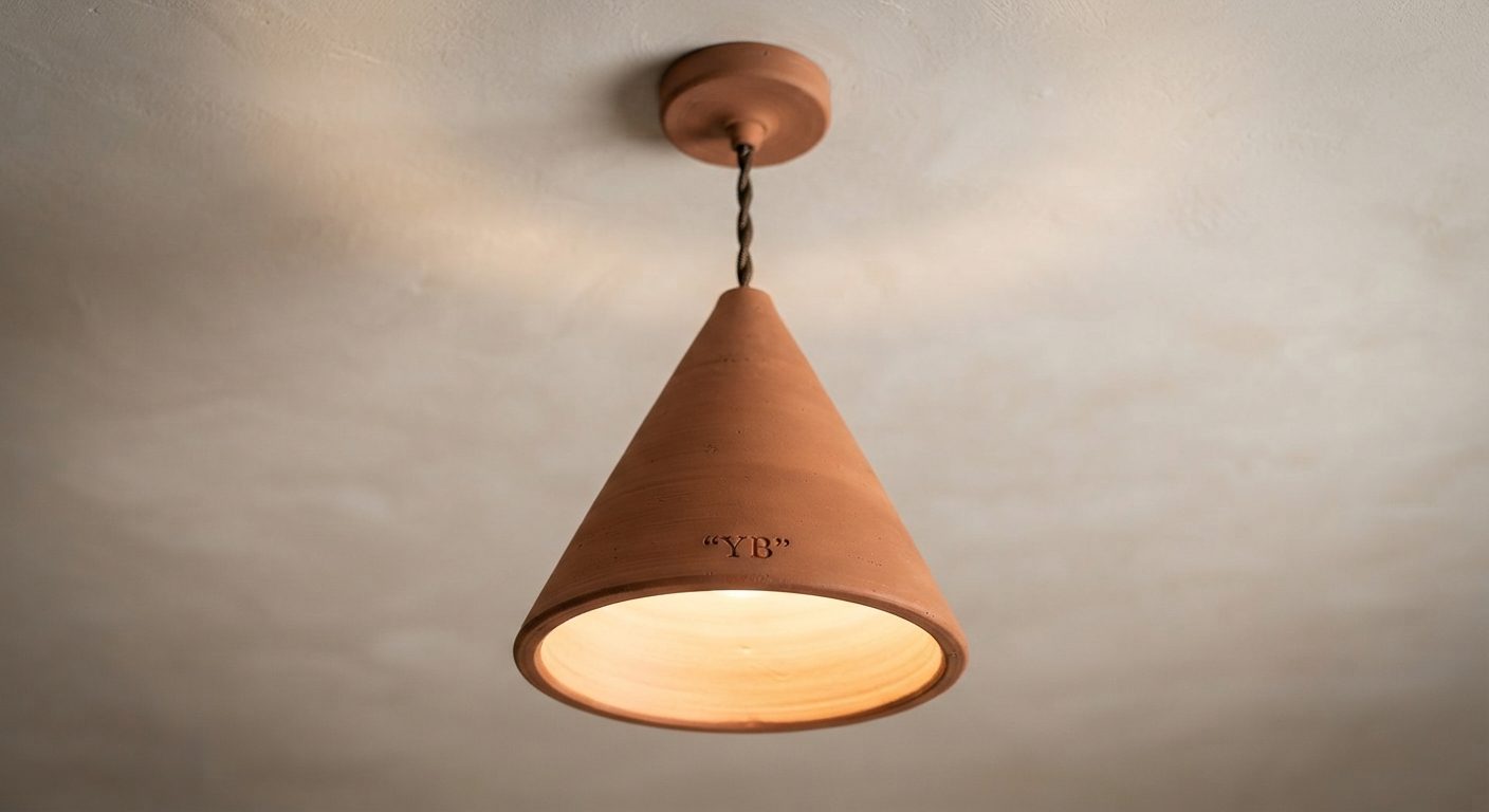 Terracotta pendant lamp stamped YB glowing warmly