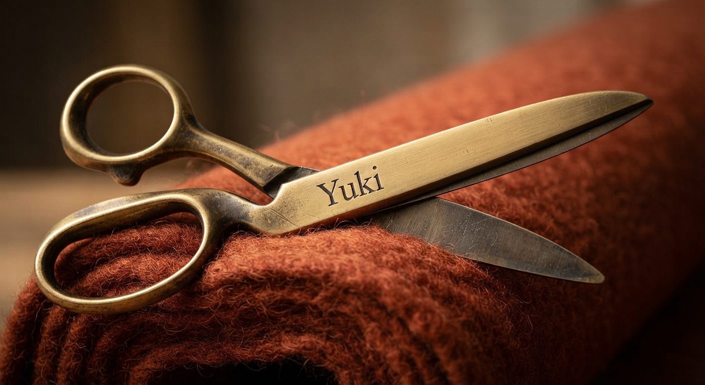 Brass shears engraved Yuki resting on rust wool