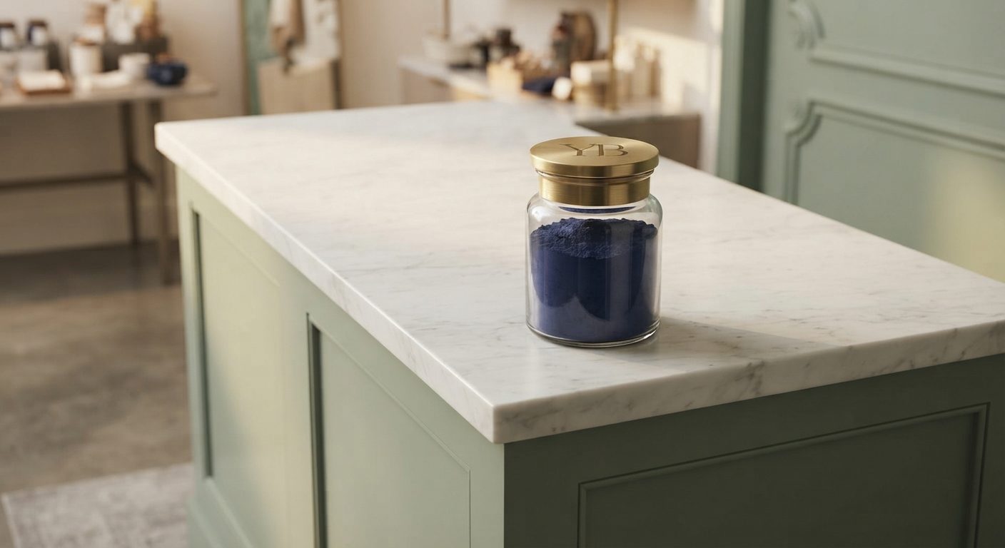 Jar of indigo pigment with brass YB lid on marble counter