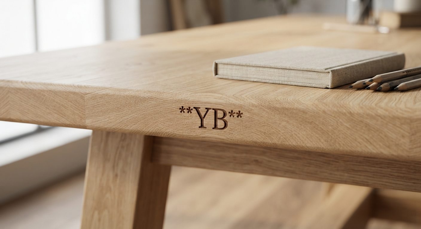 Solid oak workshop table engraved with the YB monogram