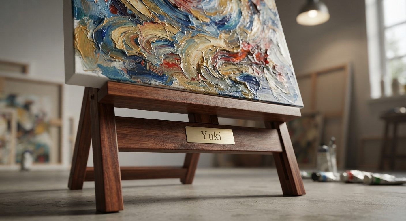 Walnut easel with brass Yuki plate holding a thick impasto painting