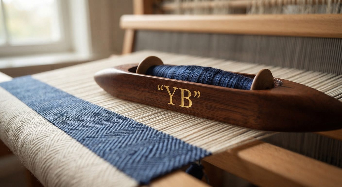 Engraved wooden loom shuttle with indigo thread
