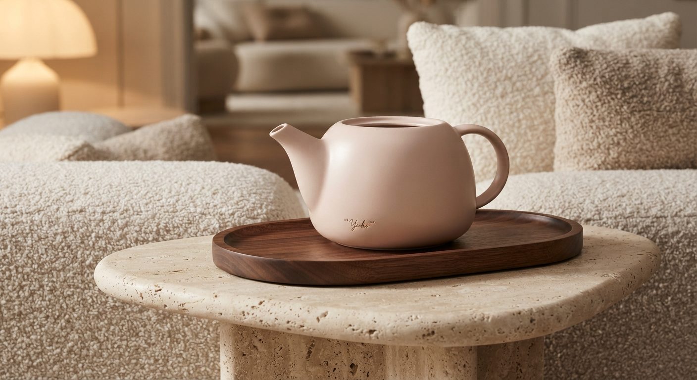 The blush house teapot on a walnut tray