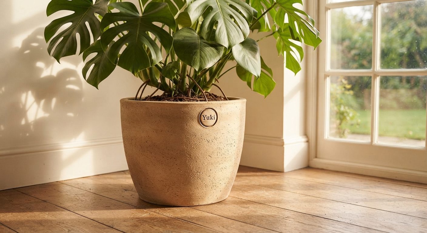 Monstera in a Yuki-stamped clay pot in the window light