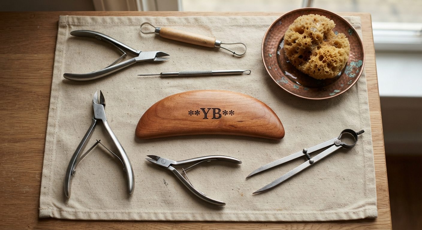 Sculpting tools and engraved cherry-wood rib arranged on canvas